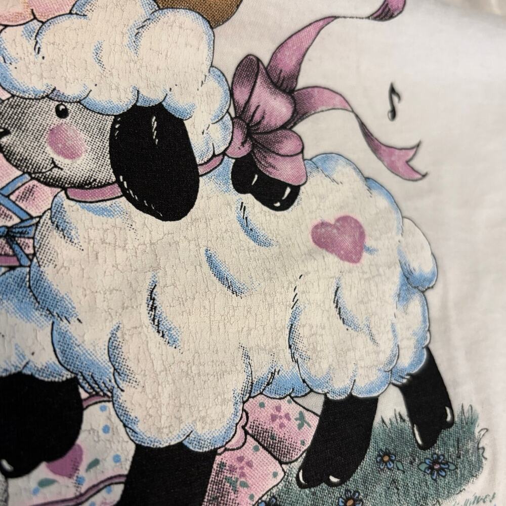 90s Fruit Of The Loom Air Waves Cow Sheep T Shirt White Size Medium Vintage Cute - Picture 6 of 7